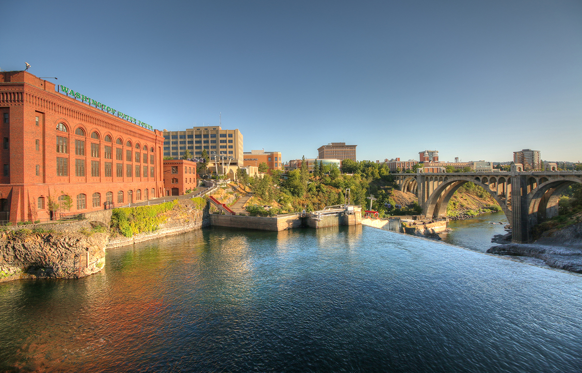 The Lower Spokane Falls and the Washington Water Power building